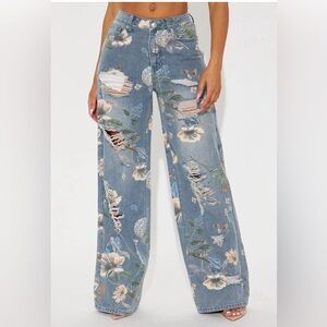 Floral Distressed Wide-Leg Jeans - Blue